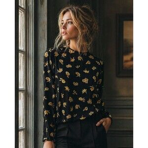 Evan Picone 100% Silk Blouse S Black Floral Button Cuff Long Sleeve Chic